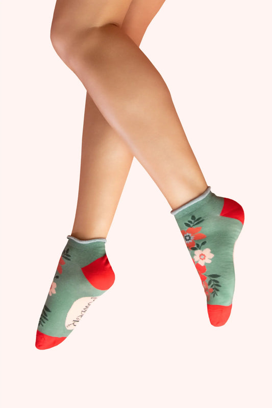 Powder Design Ladies Trainer Socks - Floral Spray, Olive