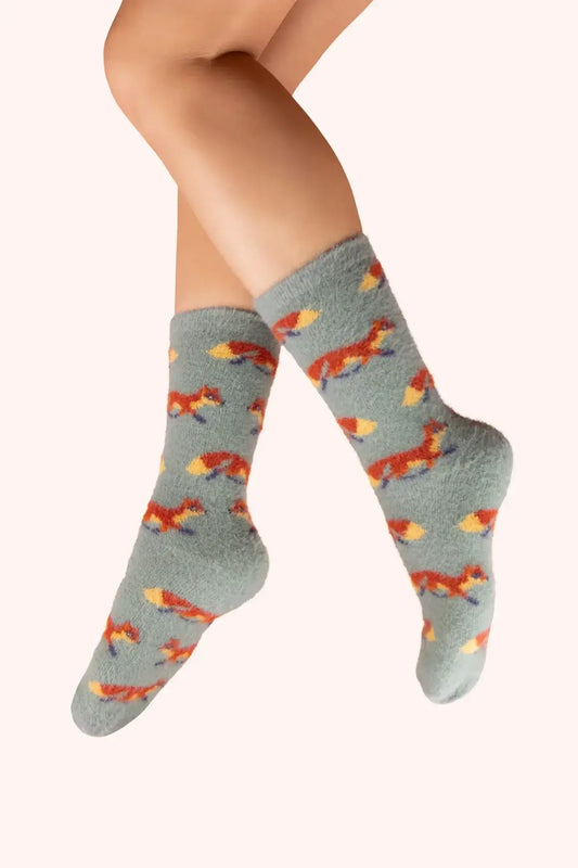 Powder Design Ladies Fuzzy Socks - Mini Foxes, Ice