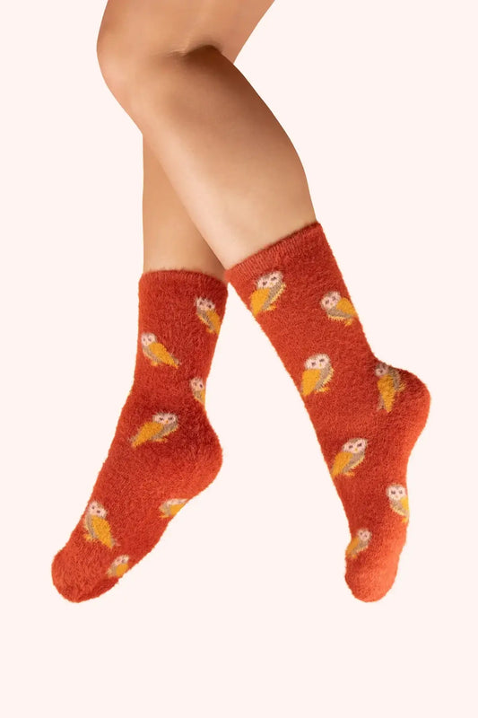 Powder Design Ladies Fuzzy Socks - Mini Owls, Tangerine