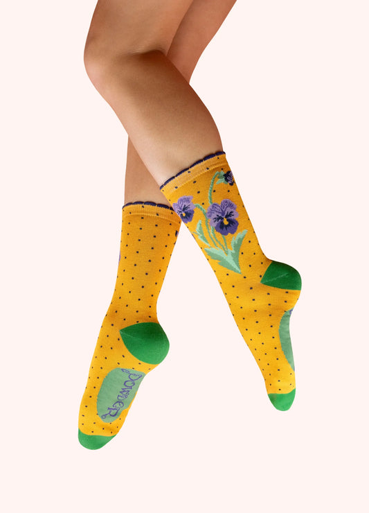 Powder Design Ladies Ankle Socks - Perfect pansies in Mustard