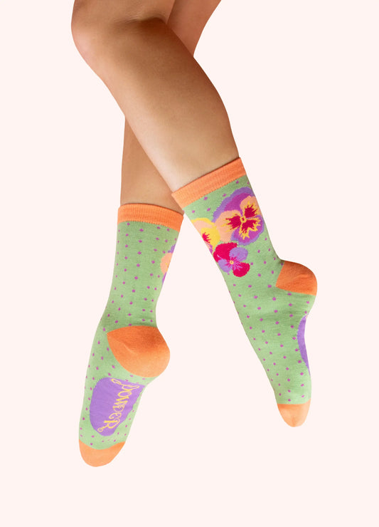 Powder Design Ladies Ankle Socks - Spring Pansies in Mint