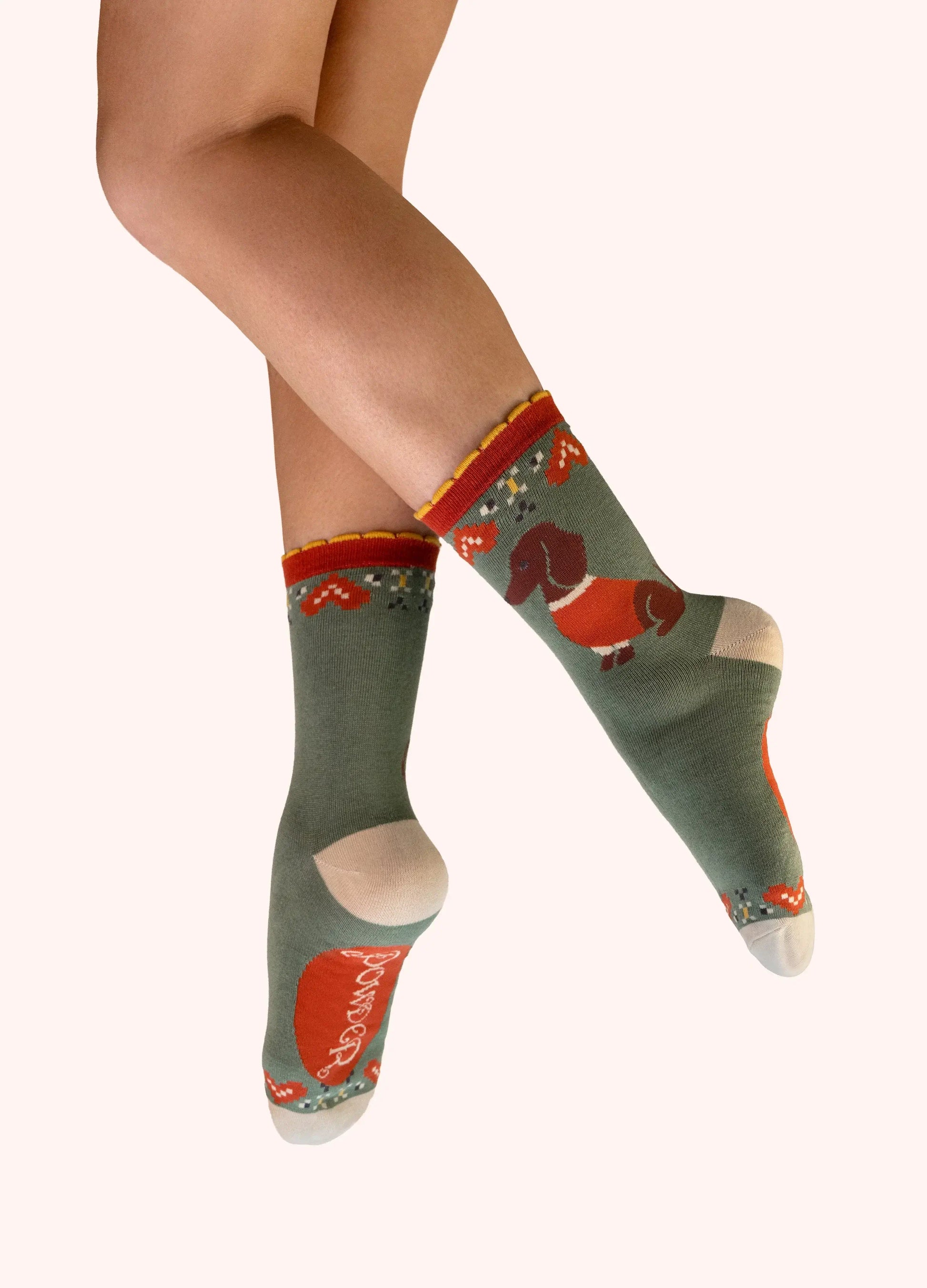 Powder Design Ladies Ankle Socks - Sausage Dogs Olive