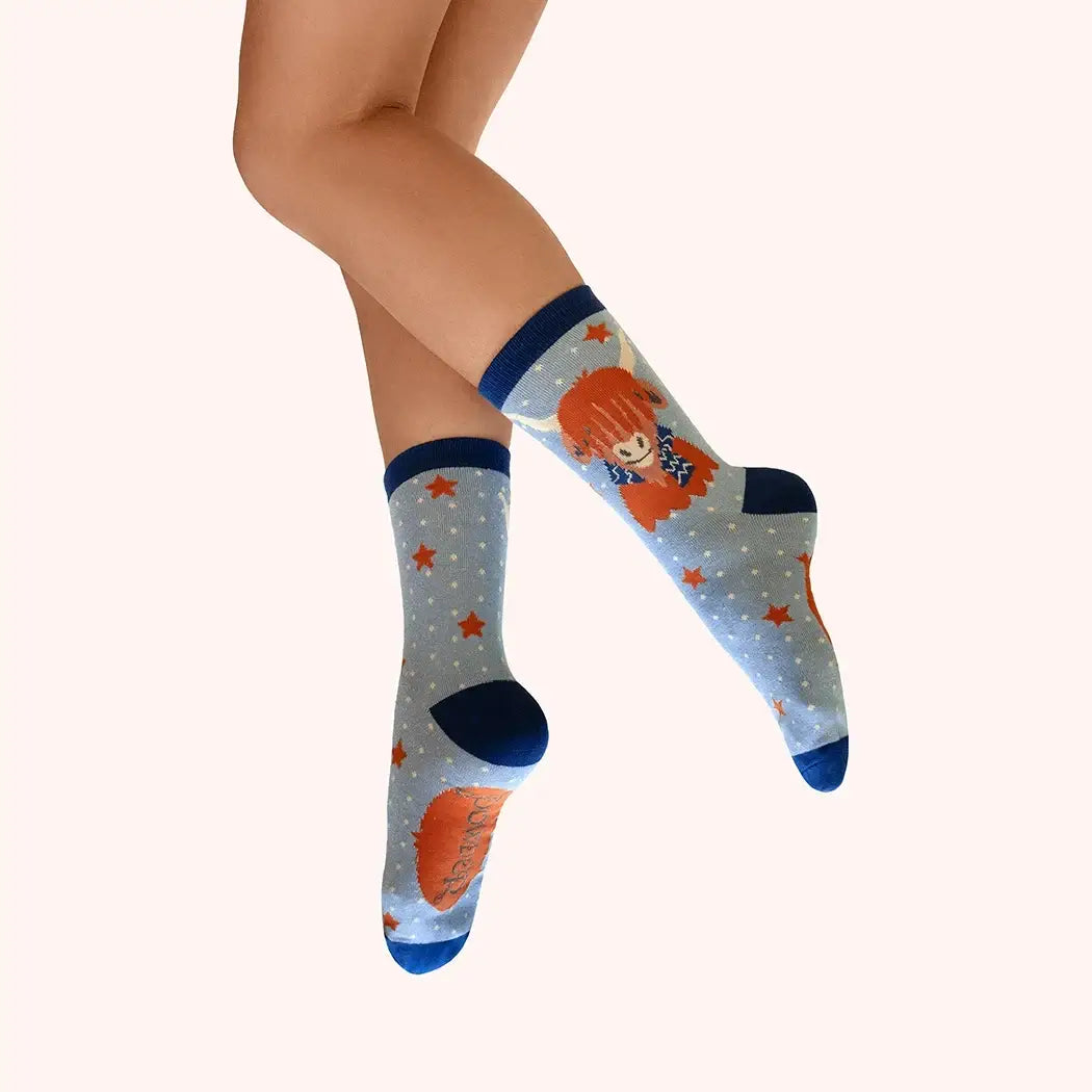 Powder Design Ladies Glitter Ankle Socks - Highland Cow