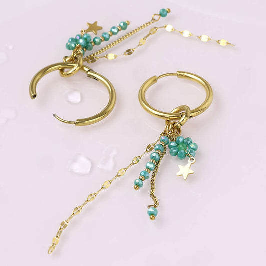 POM925 - Waterproof gold plated hoop earring with chain and bead clusters