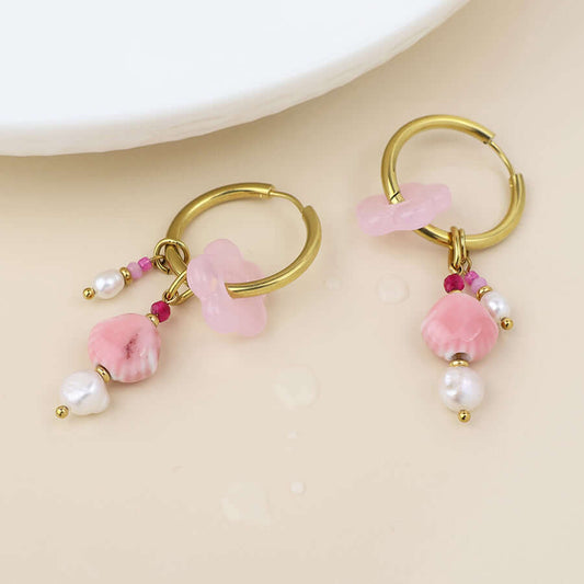 POM925 - Waterproof gold plated hoop and pink cluster earrings