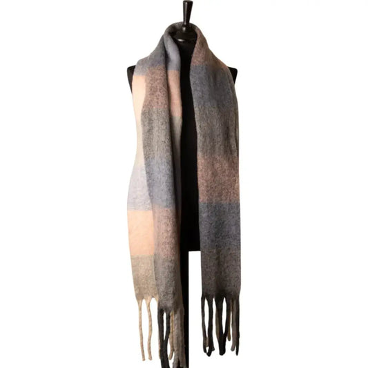 Jess & Lou - Grey, Pink & Blue Checked Chunky Winter Scarf