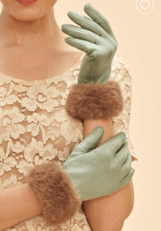 Powder Design Bettina Faux Suede/Fur Gloves - sage/Teddy