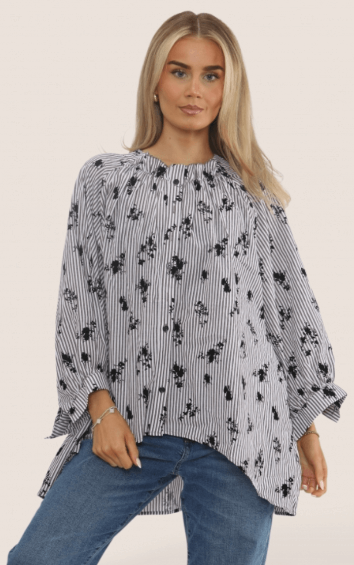 Pinstripe Floral Embossed Flock Blouse