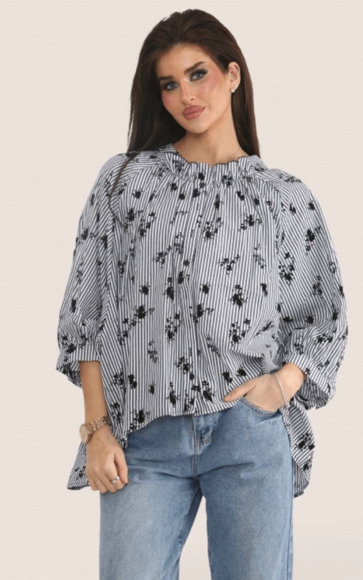 Pinstripe Floral Embossed Flock Blouse