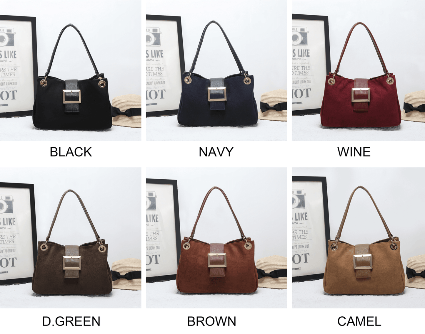 Chunky Buckle Faux Suede Shoulder Bag