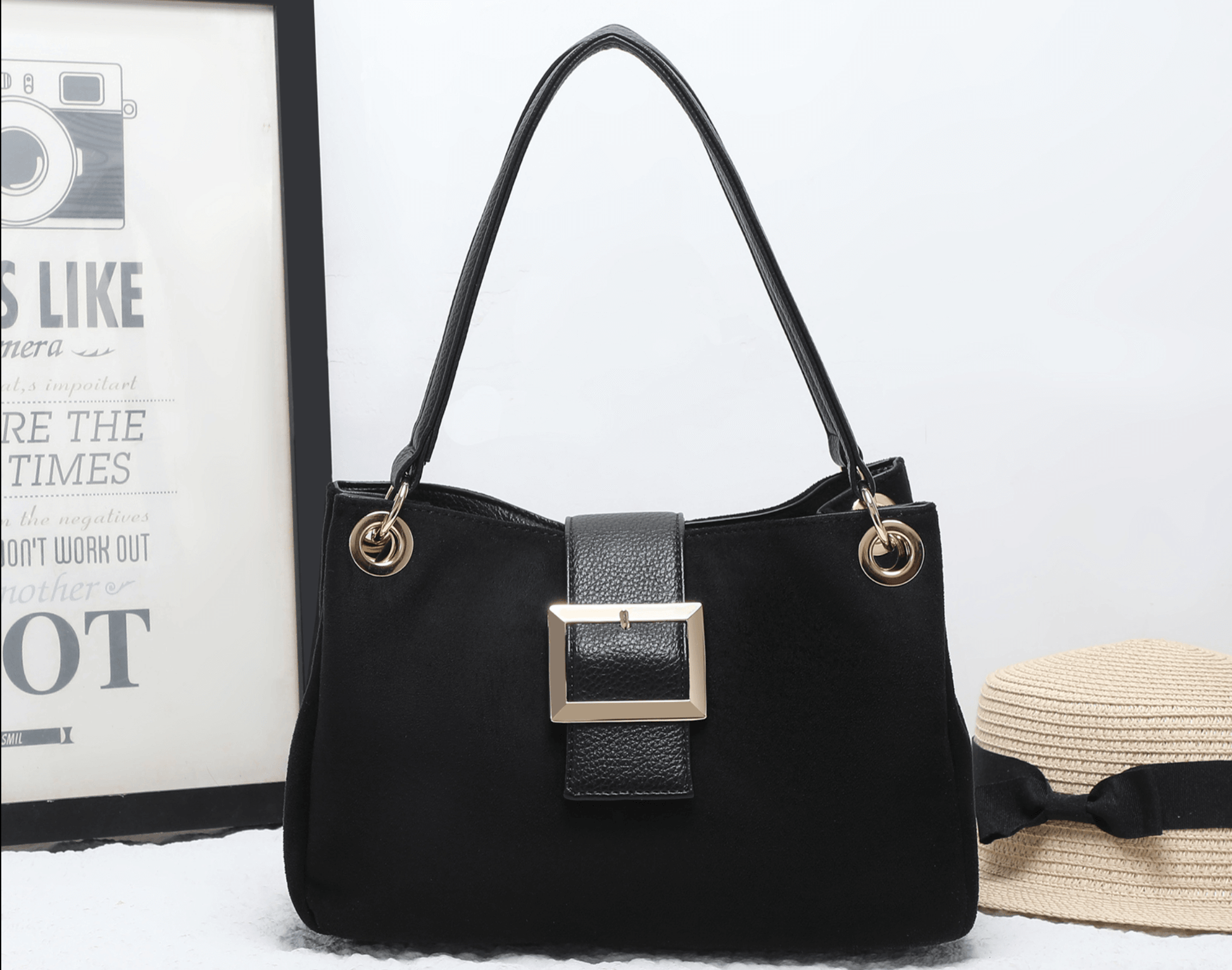 Chunky Buckle Faux Suede Shoulder Bag