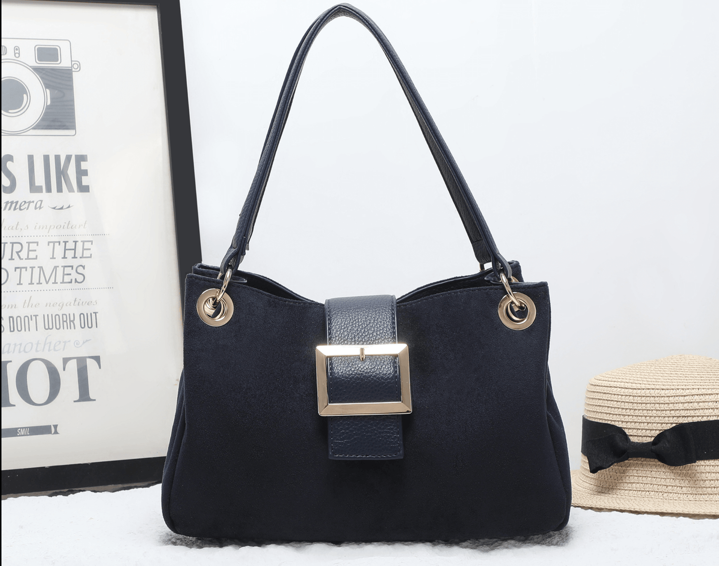 Chunky Buckle Faux Suede Shoulder Bag