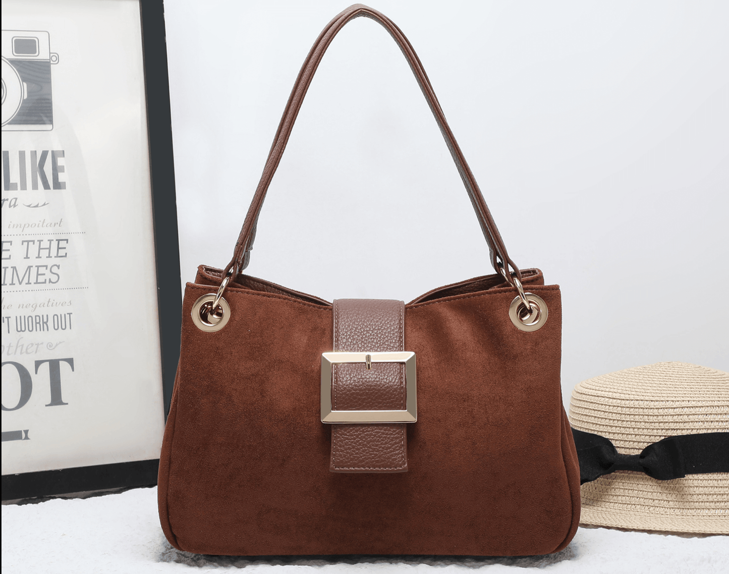 Chunky Buckle Faux Suede Shoulder Bag