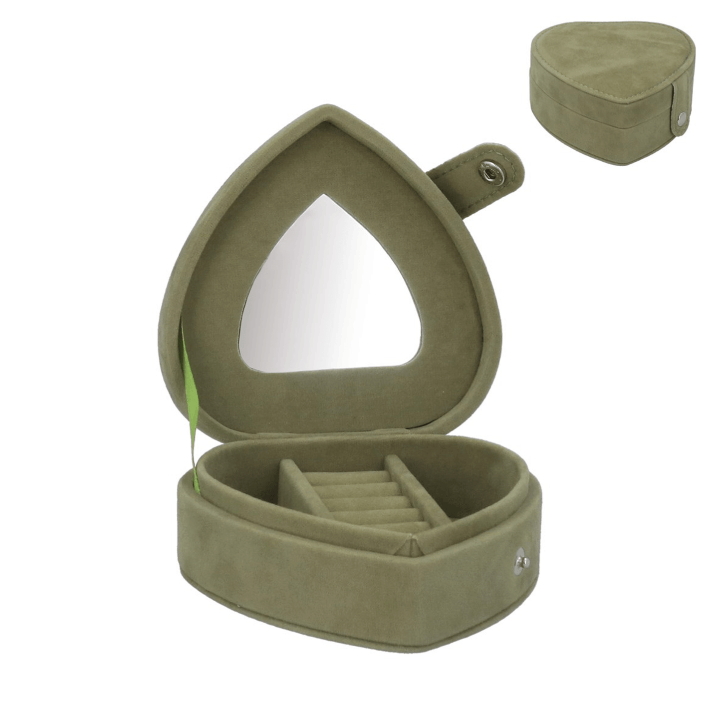 Olive Green Heart Velvet Jewellery Box 11cm
