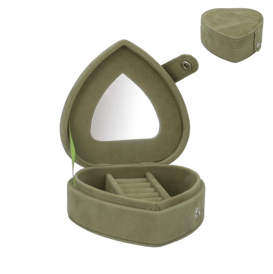 Olive Green Heart Velvet Jewellery Box 11cm