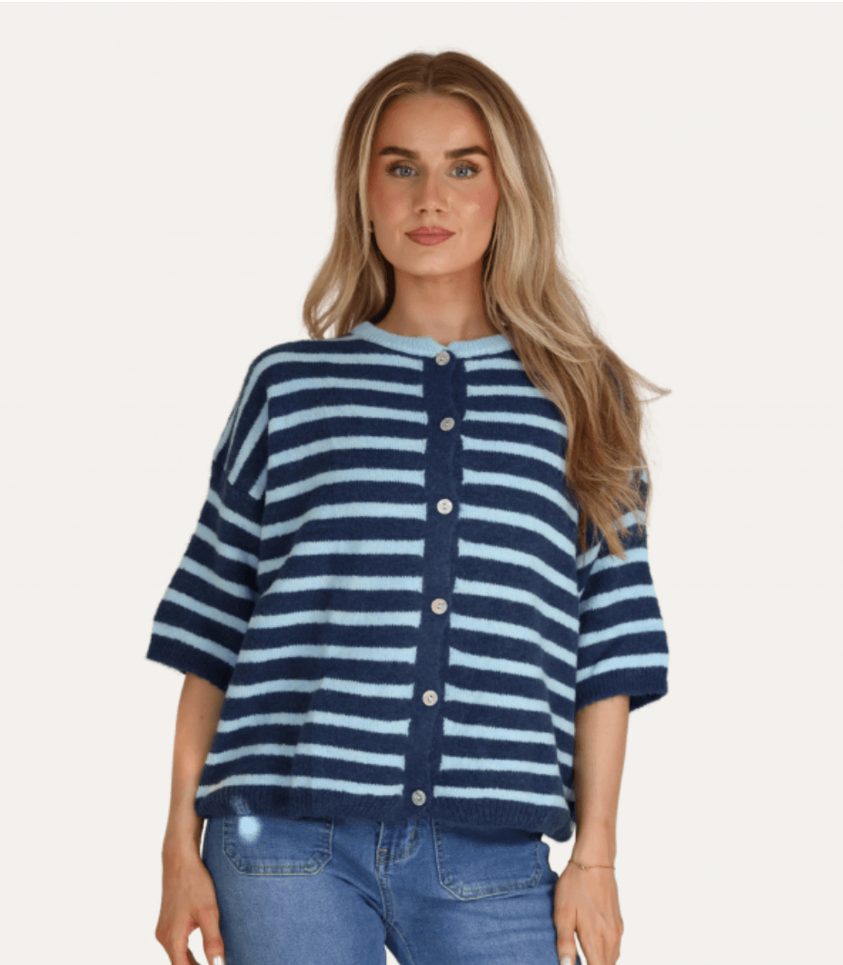 Short Sleeve Striped Alpaca Cardigan