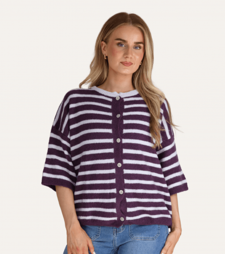Short Sleeve Striped Alpaca Cardigan