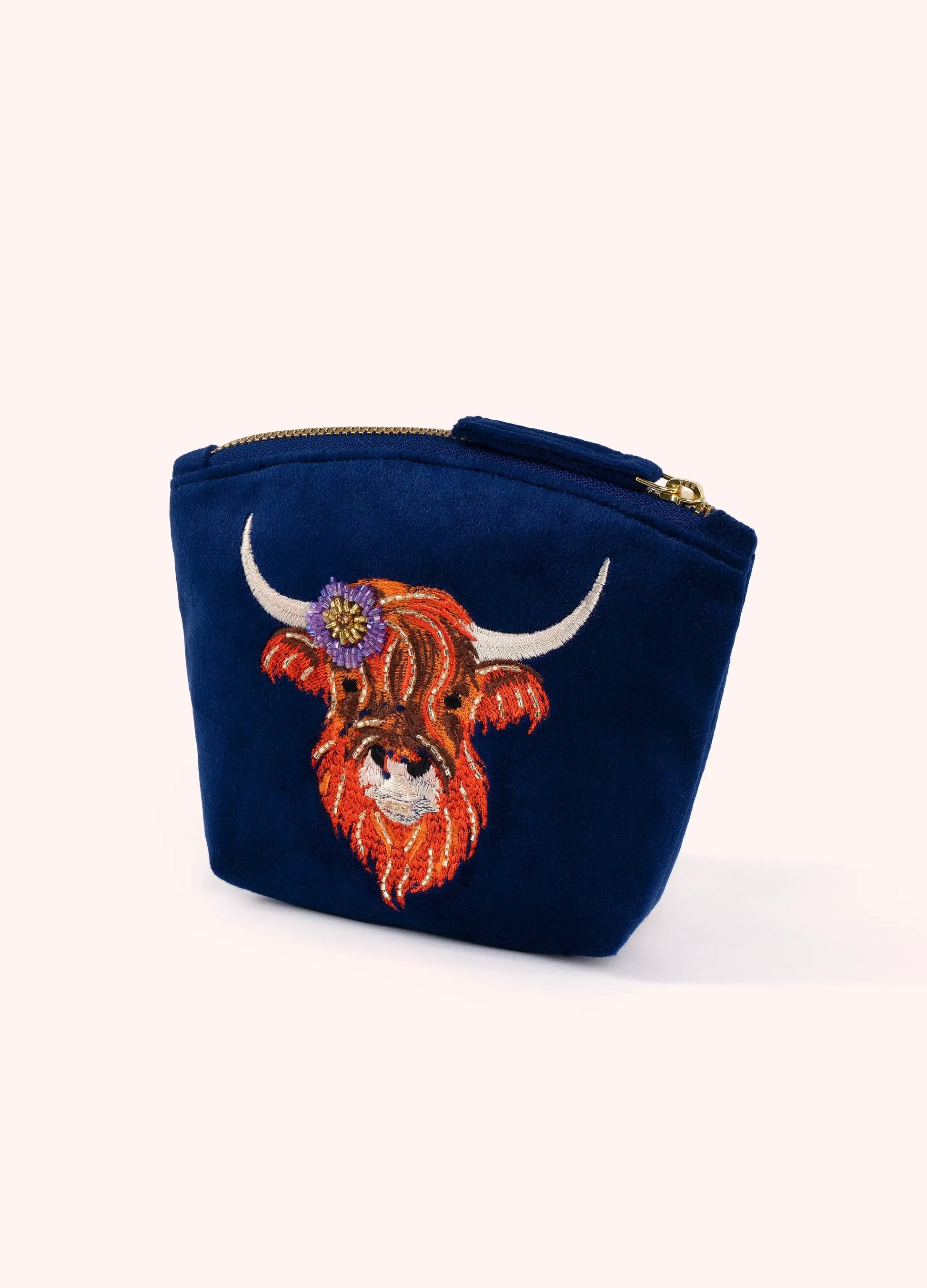 Powder Design Embroidered Velvet Mini Pouch - Highland Cow