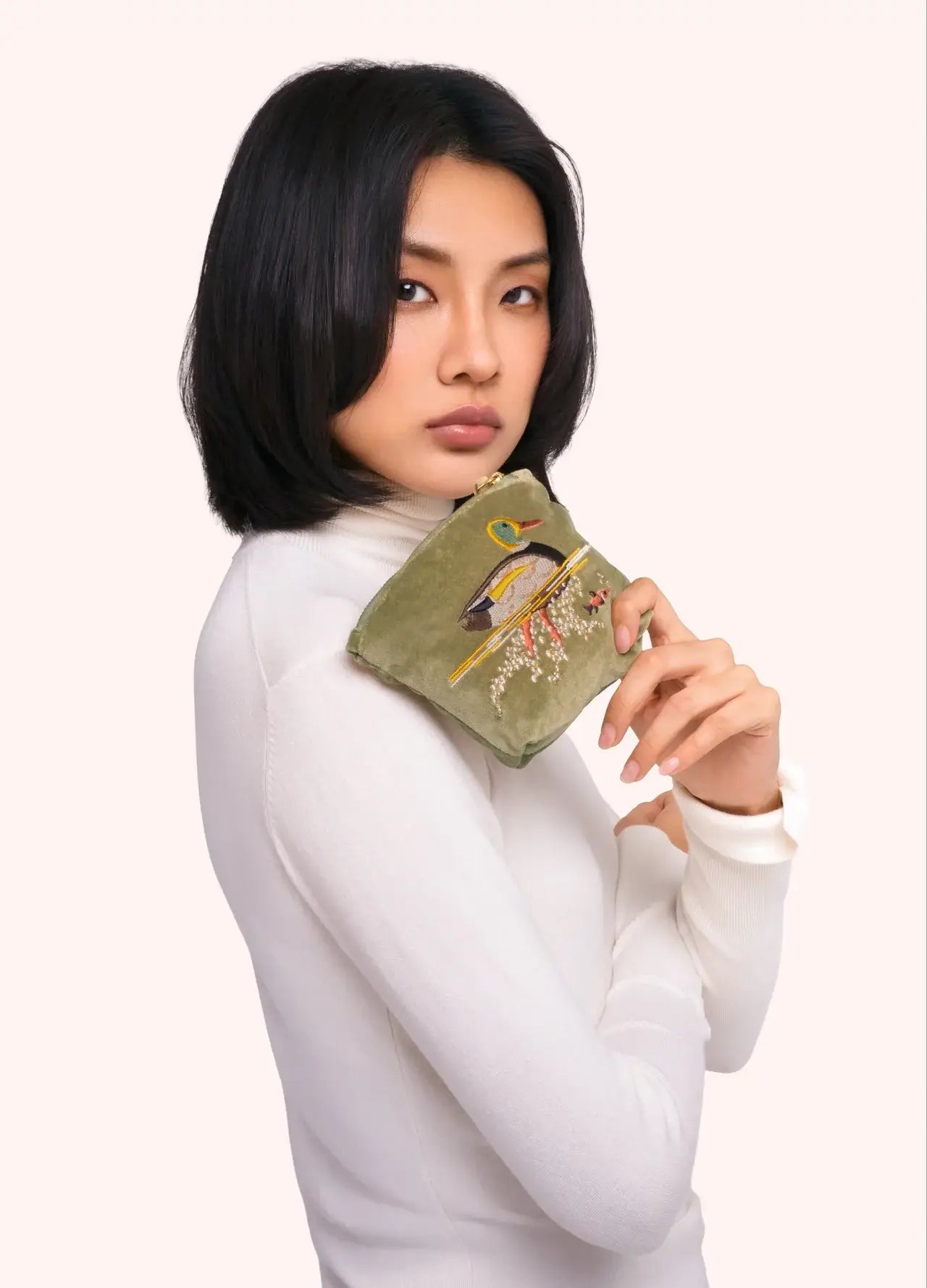 Powder Design Embroidered Velvet Mini Pouch - Duck