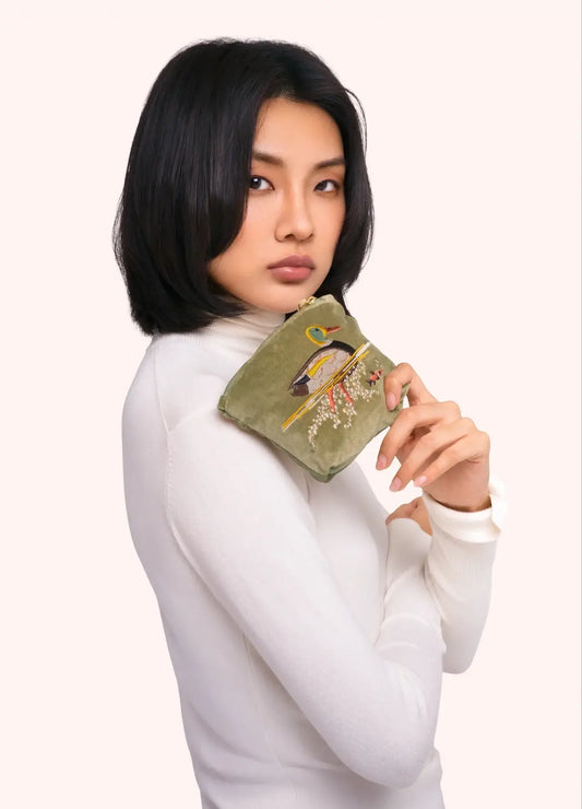 Powder Design Embroidered Velvet Mini Pouch - Duck