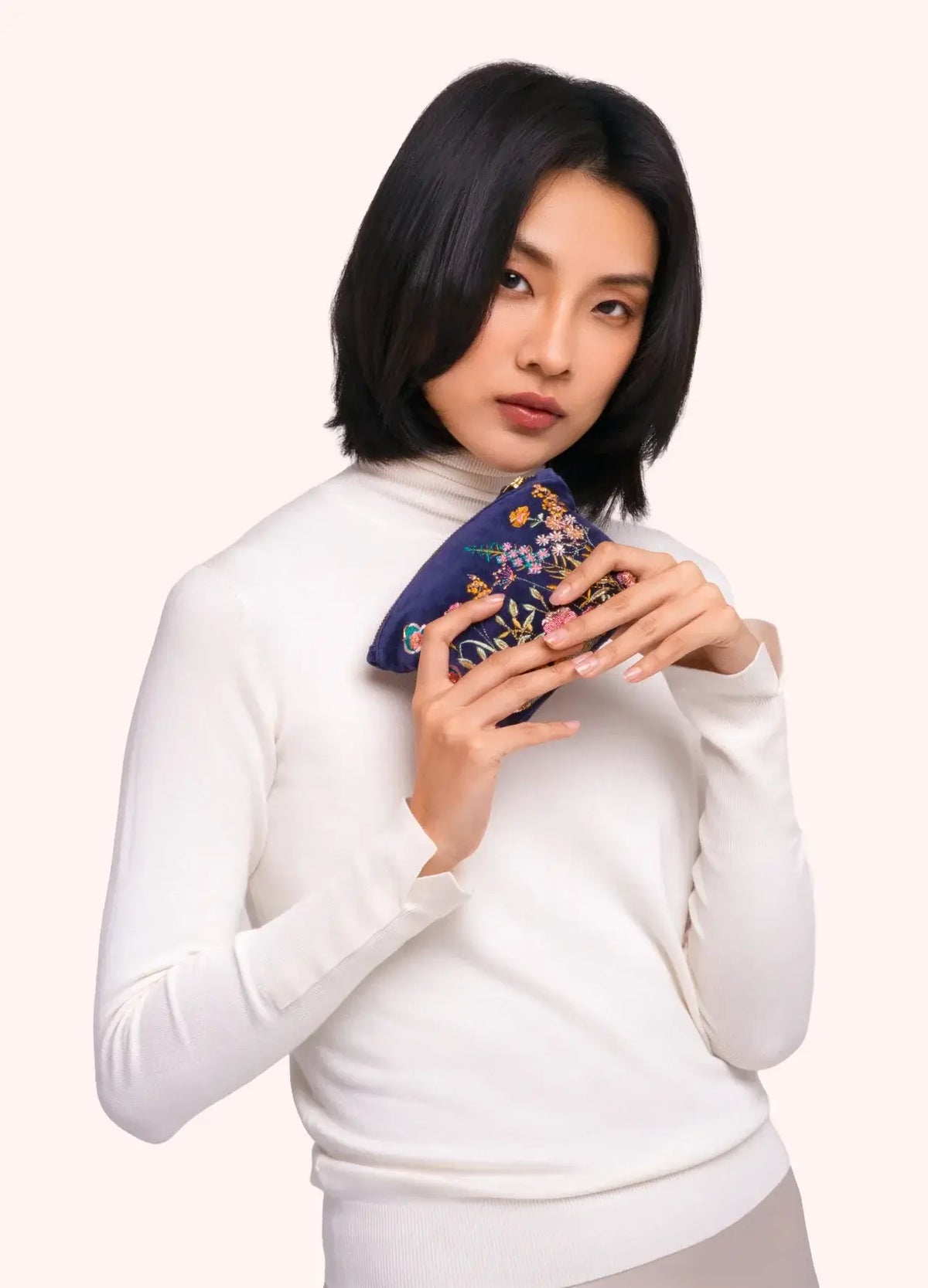 Powder Design Embroidered Velvet Mini Pouch - Navy Hedgerow