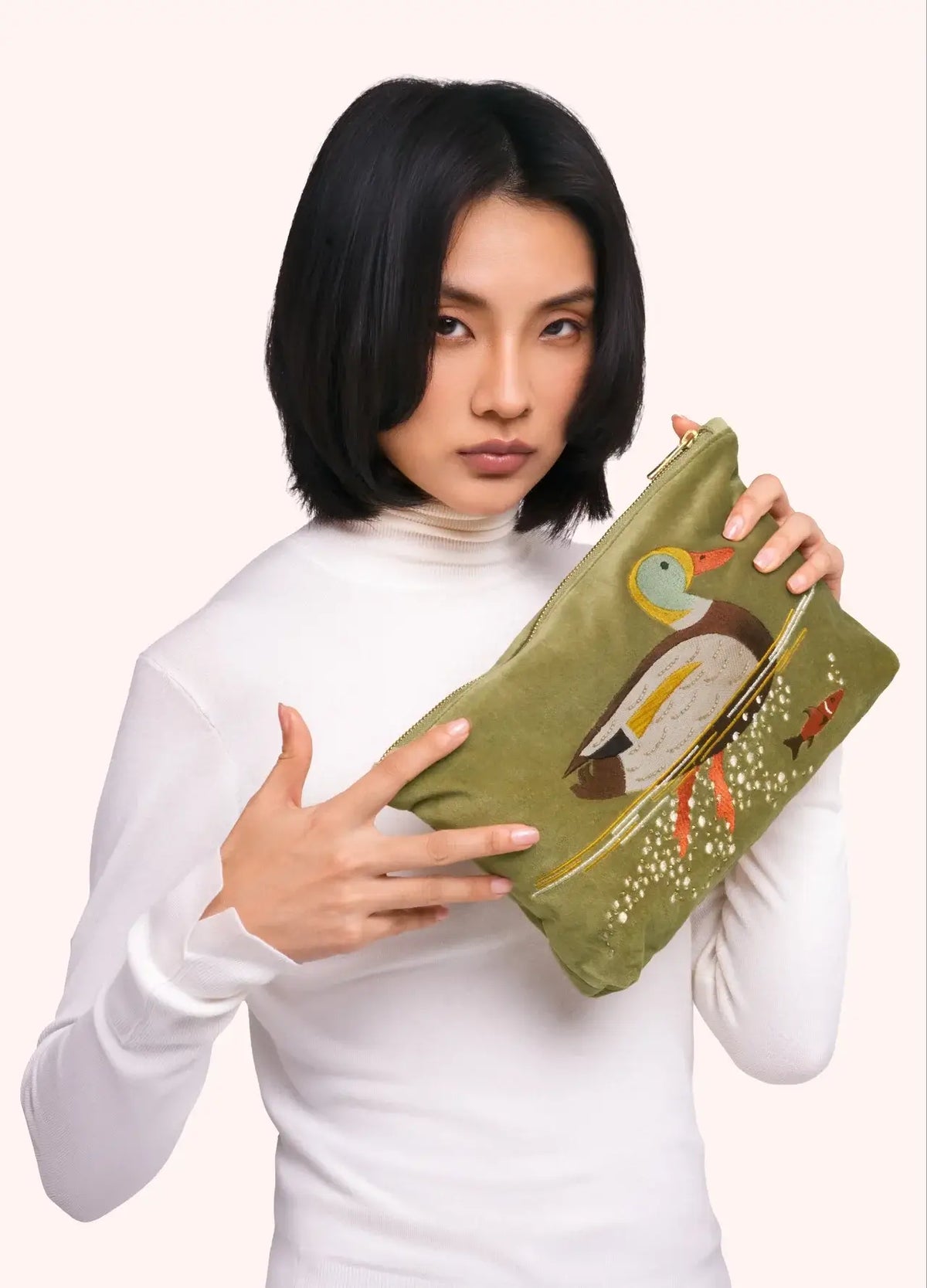 Powder Design Embroidered Zip Pouch - Duck