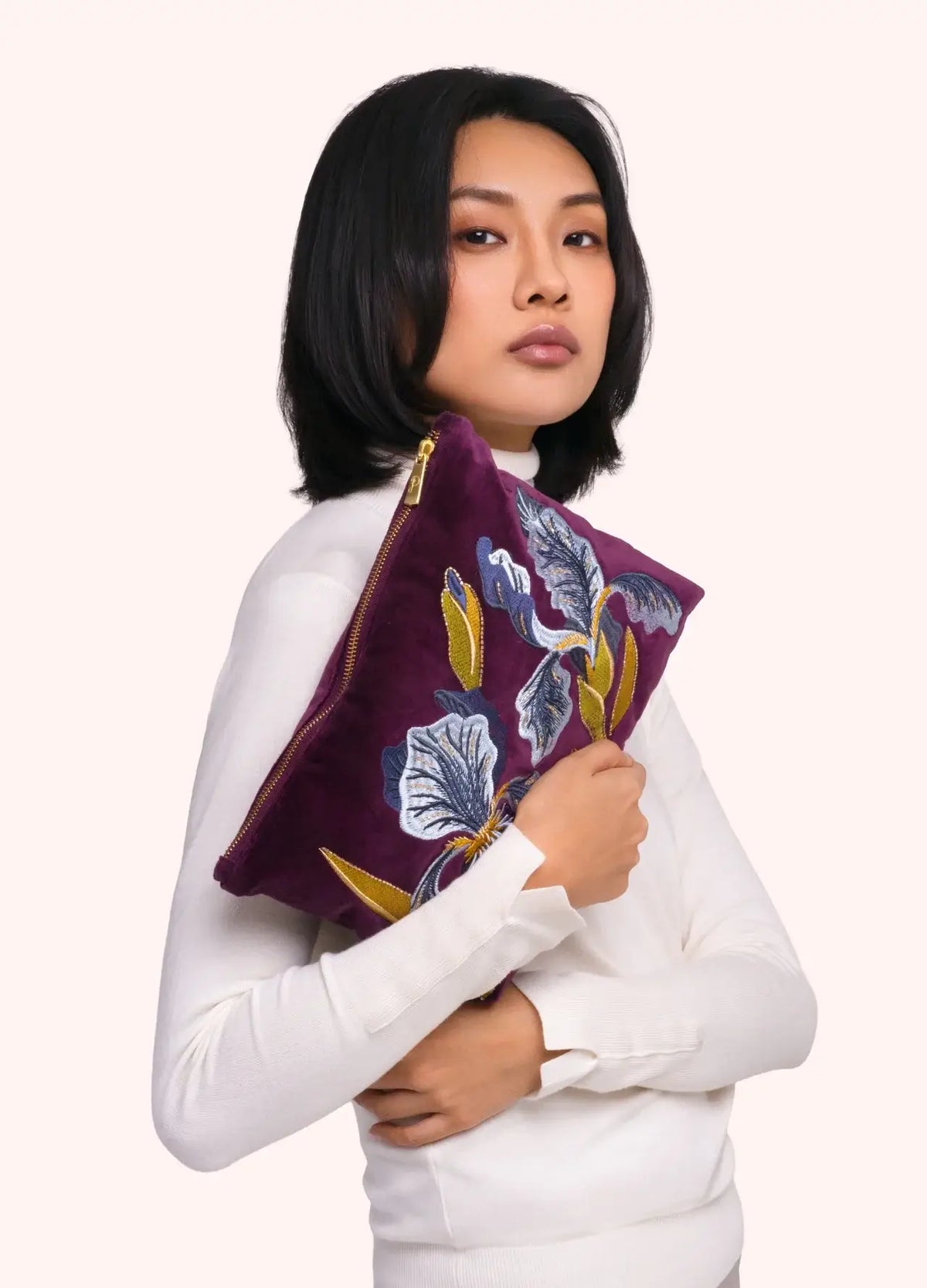 Powder Design Embroidered Zip Pouch - Iris