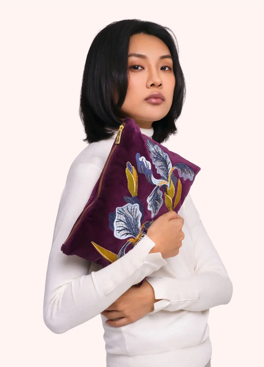 Powder Design Embroidered Zip Pouch - Iris