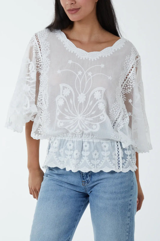 Camellia Floral Lace Butterfly Sleeve Blouse