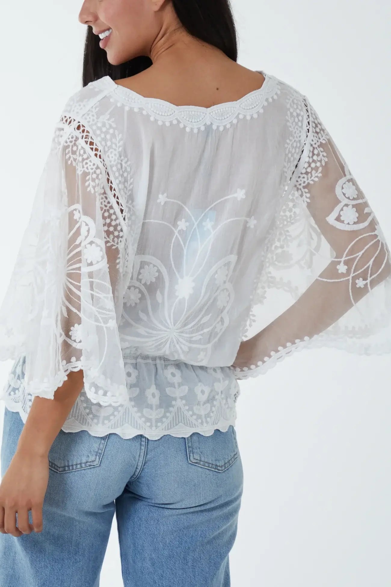 Camellia Floral Lace Butterfly Sleeve Blouse
