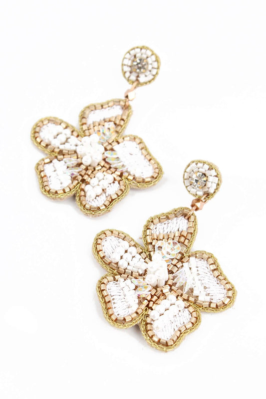 White Flower Beaded Earrings