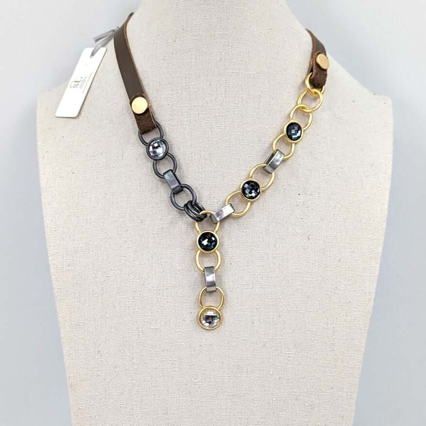 Y shape leather necklace with links and crystals