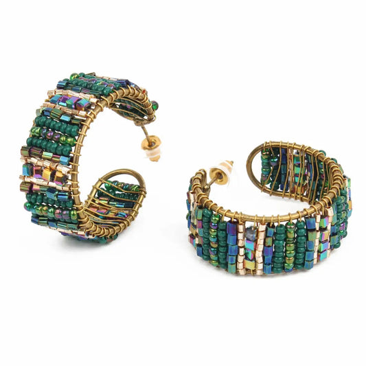 Green Beaded Hoop Earrings