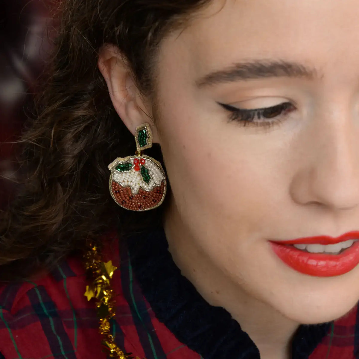 Christmas Pudding Beaded Earrings