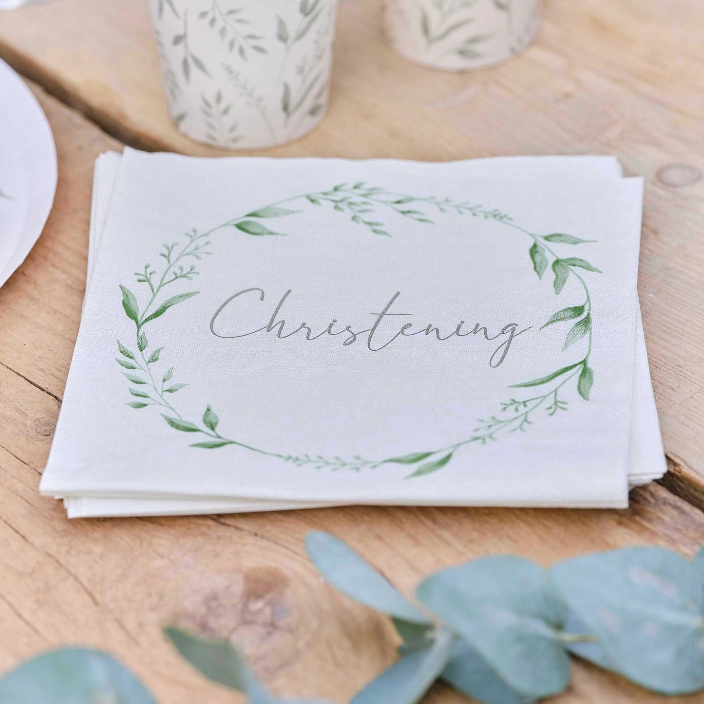 White and Green Christening Paper Napkins