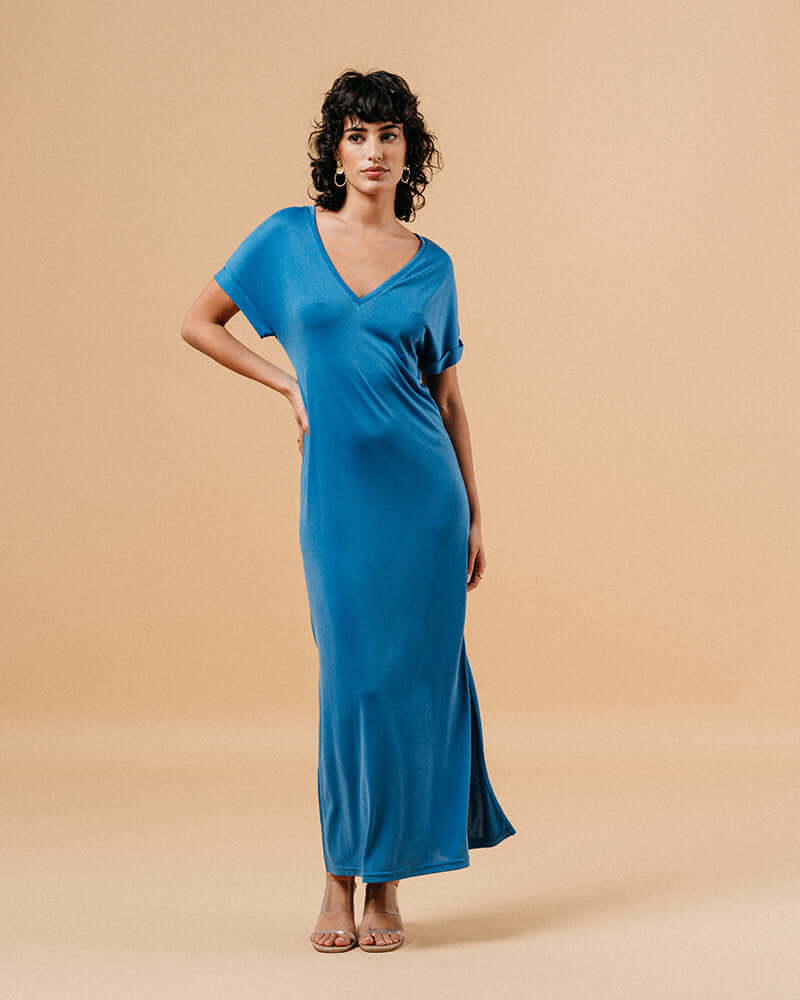 Grace & Mila - Margaux V Neck Bleu Long Dress