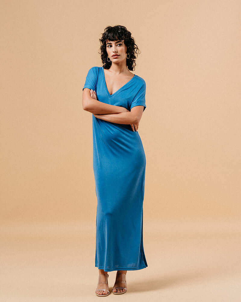 Grace & Mila - Margaux V Neck Bleu Long Dress