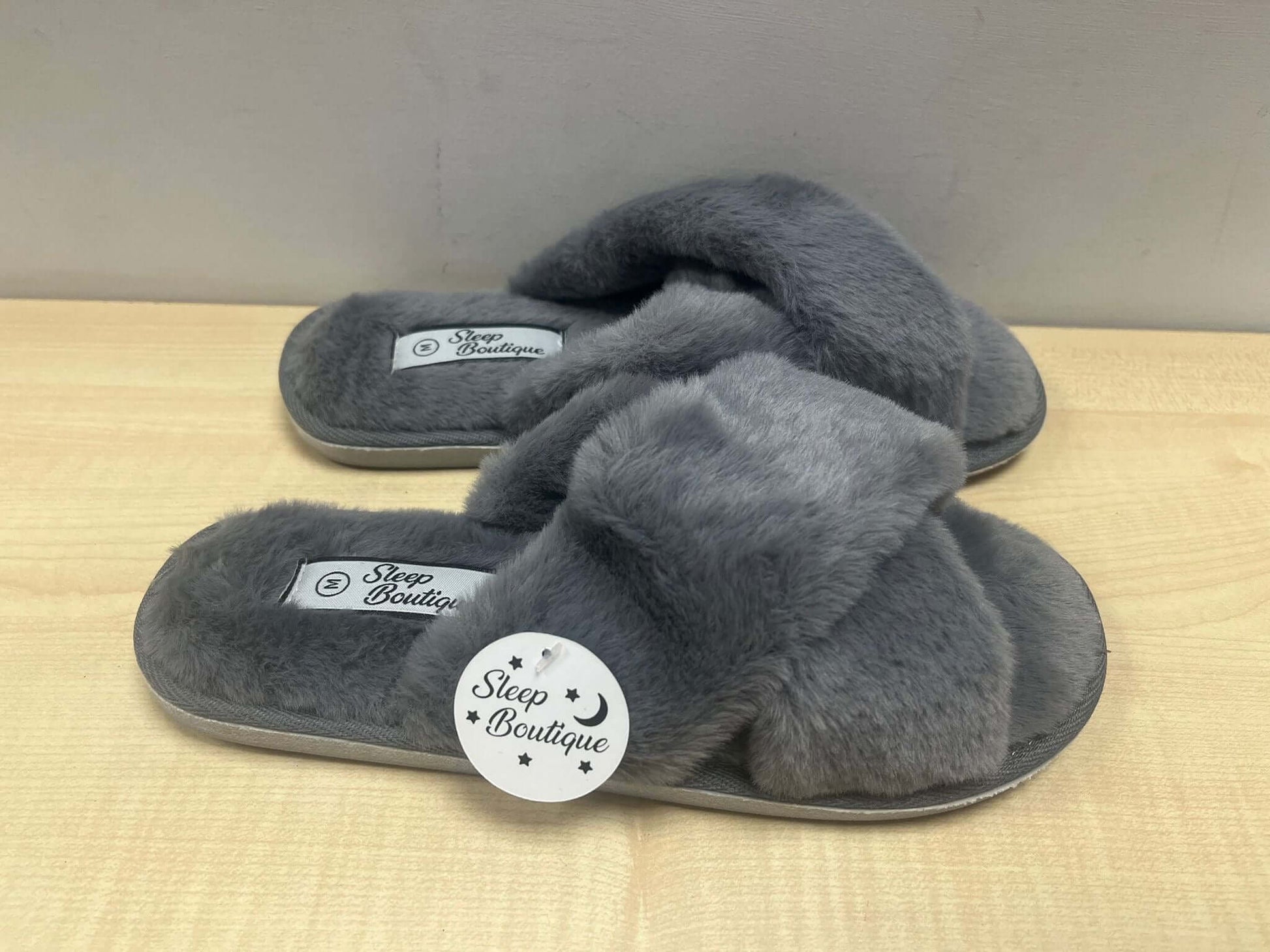 Grey Fluffy Cross Front Slipper