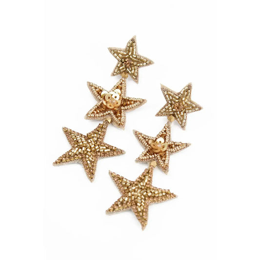 Triple Gold Star Beaded Earrings
