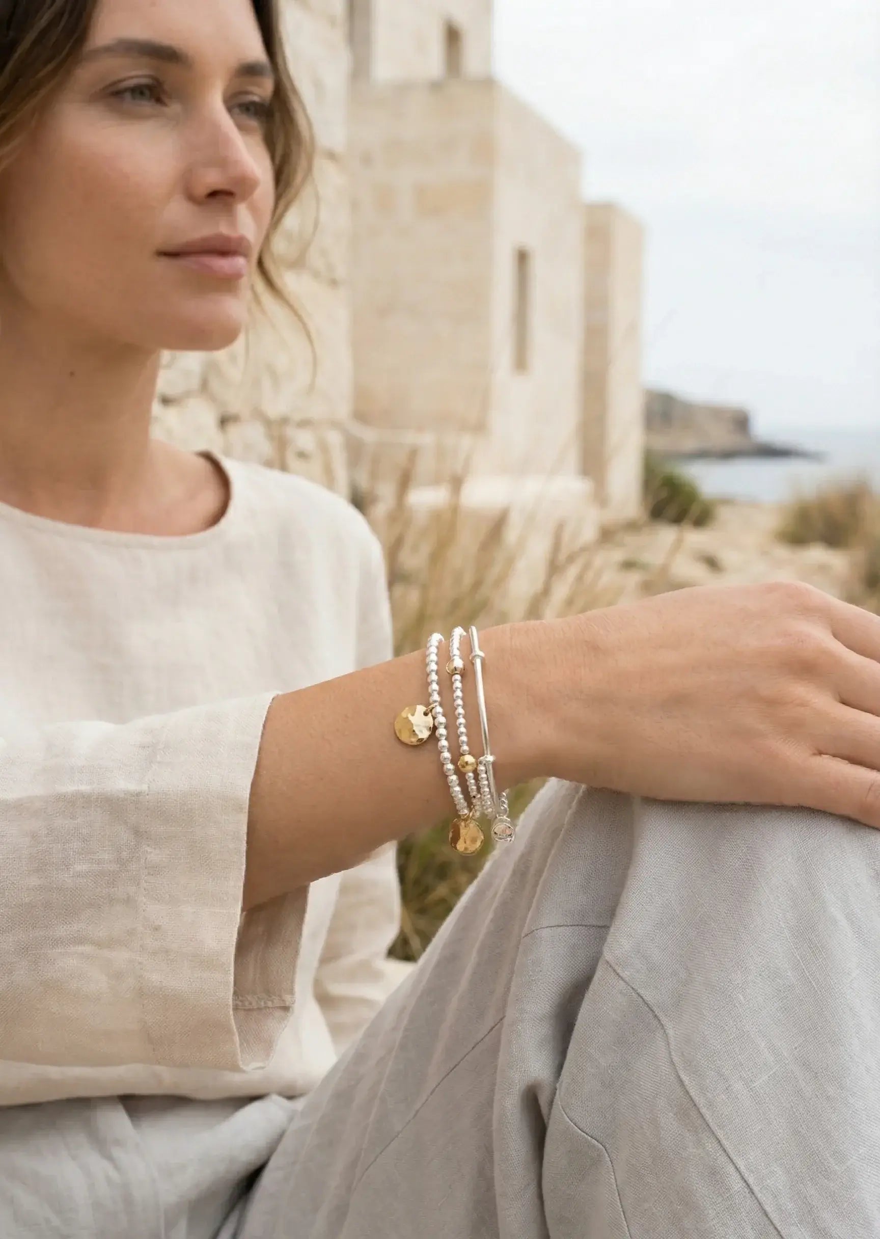 Envy Jewellery - Silver triple layer bracelet with gold bead design