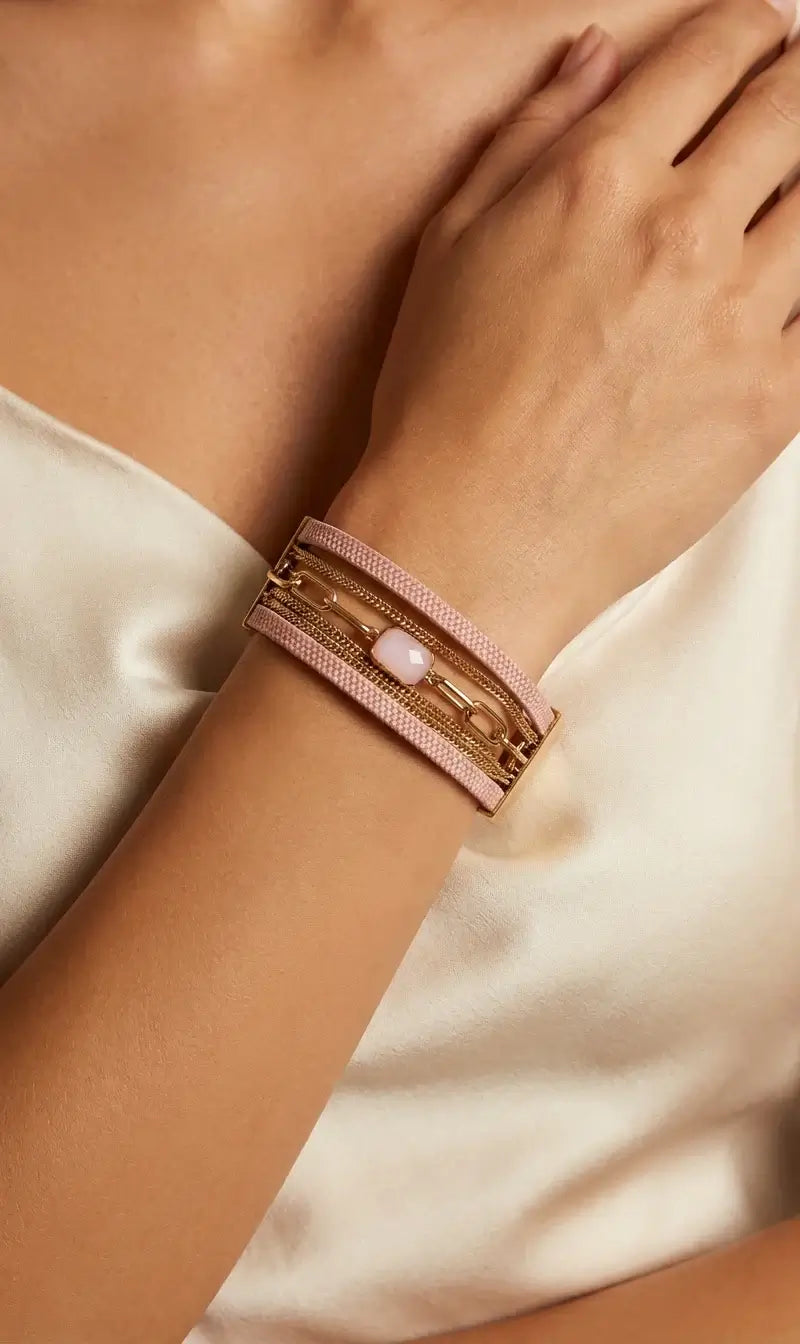 Envy Jewellery - Pink faux leather and gold chain multi strand bracelet