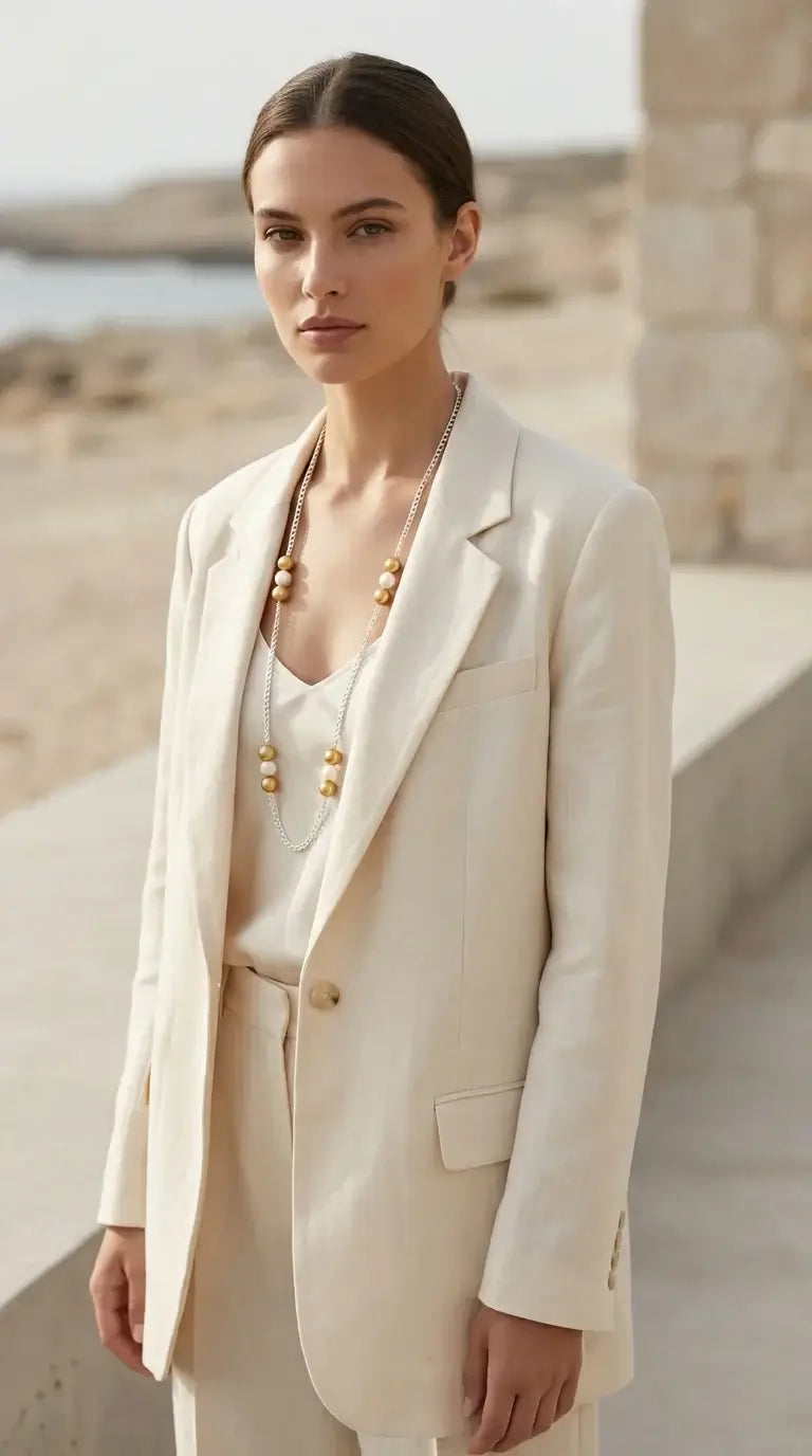 Envy Jewellery - Long silver necklace with gold and pearl balls