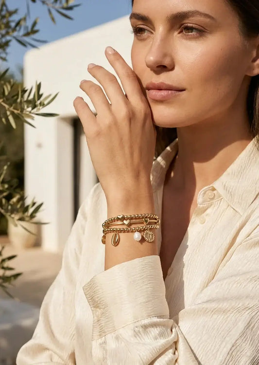 nvy Jewellery - Gold triple layer bead and bar elasticated bracelet