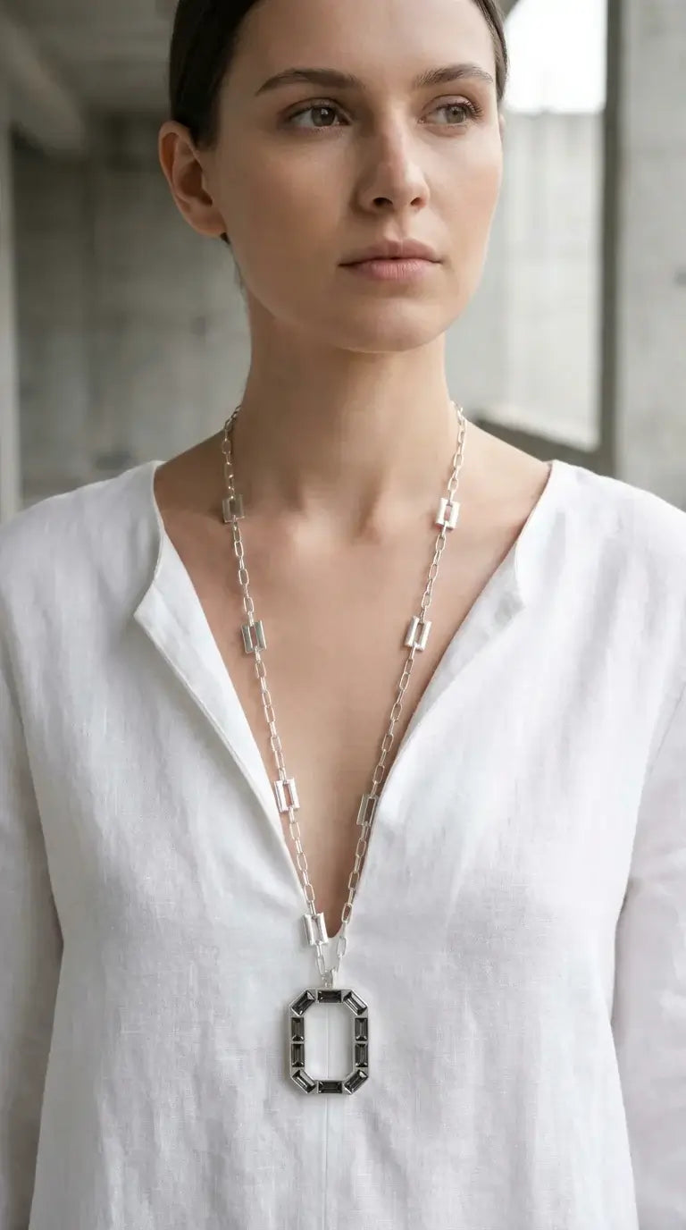 Envy Jewellery - Long silver link chain necklace with a large oval and grey pendant