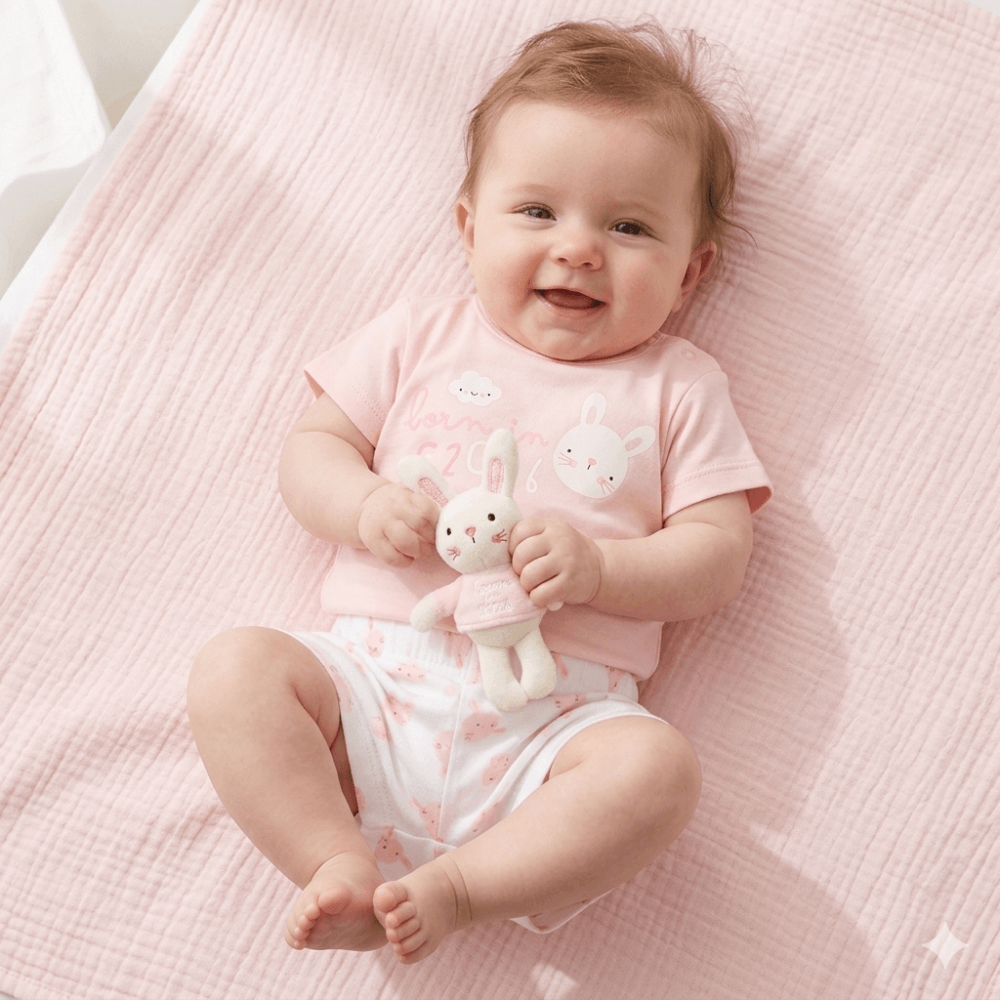 Baby Girls Bunny T-Shirt, SHorts and Plush Toy Set