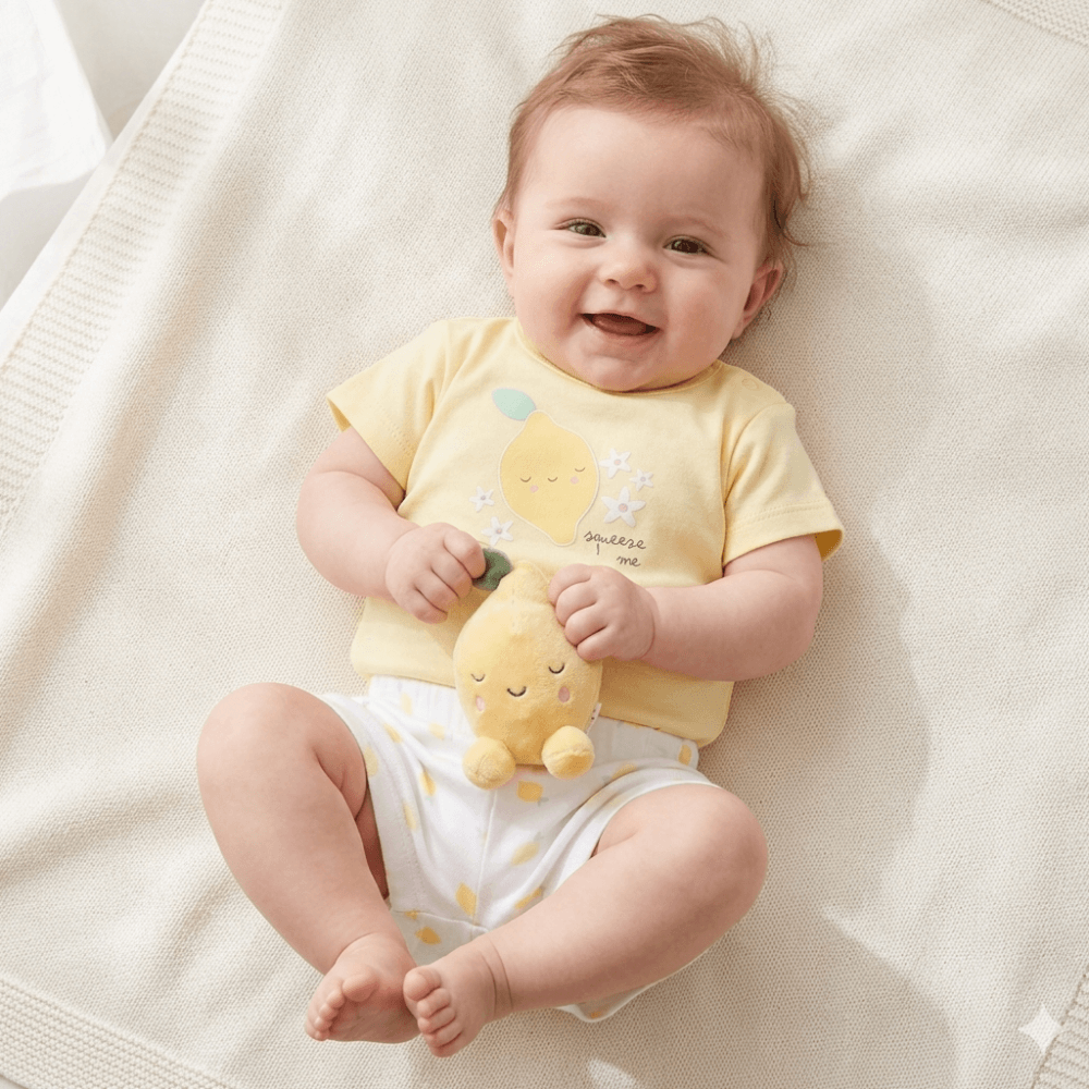 Baby Girls lemon T-Shirt, Shorts and Plush Toy Set