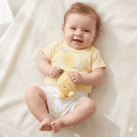 Baby Girls lemon T-Shirt, Shorts and Plush Toy Set