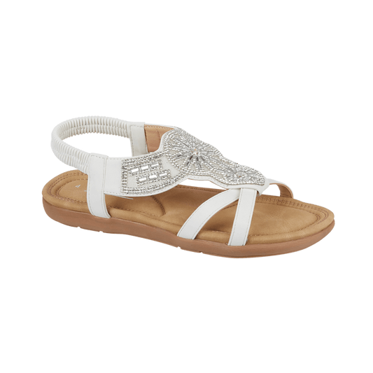 Halcyon Diamante Elasticated Back Sandal - White