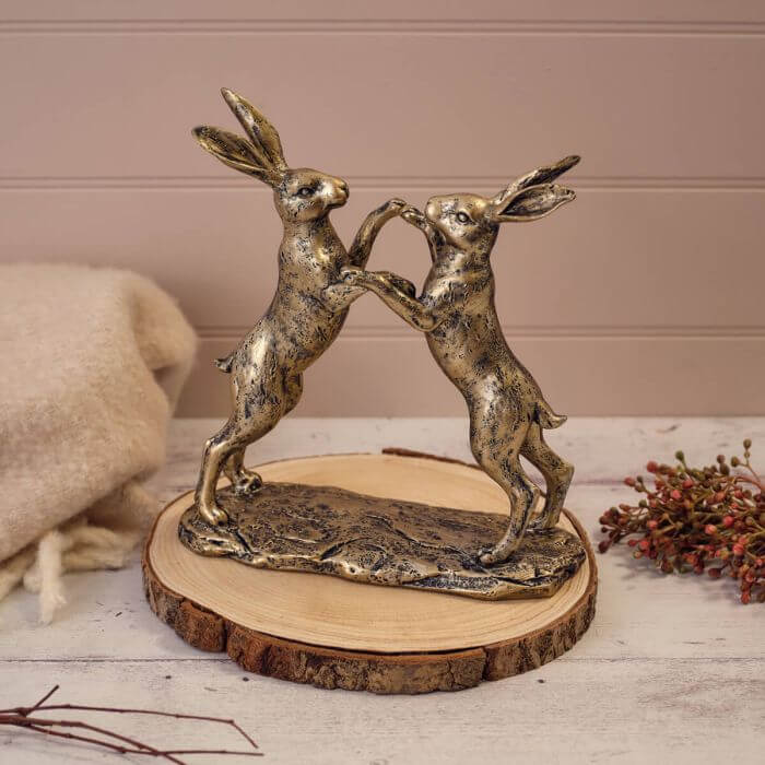 Hares Boxing Bronze Colour Resin Ornament