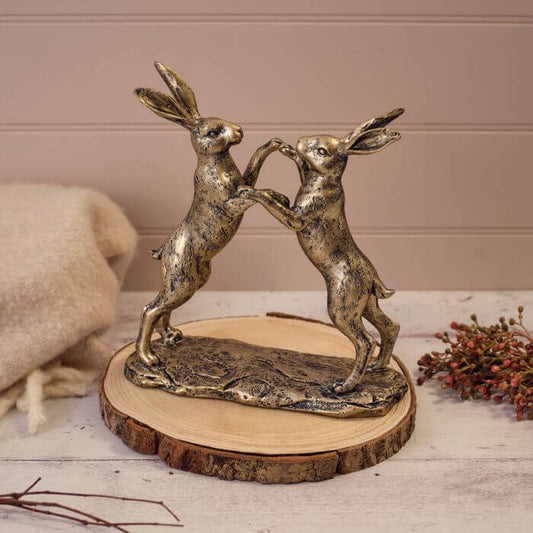 Hares Boxing Bronze Colour Resin Ornament